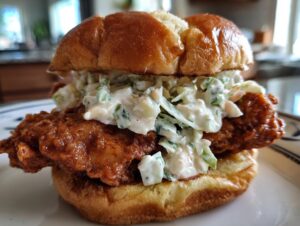 Close-up of a crispy, saucy buffalo chicken sandwich topped generously with creamy coleslaw on a brioche bun.