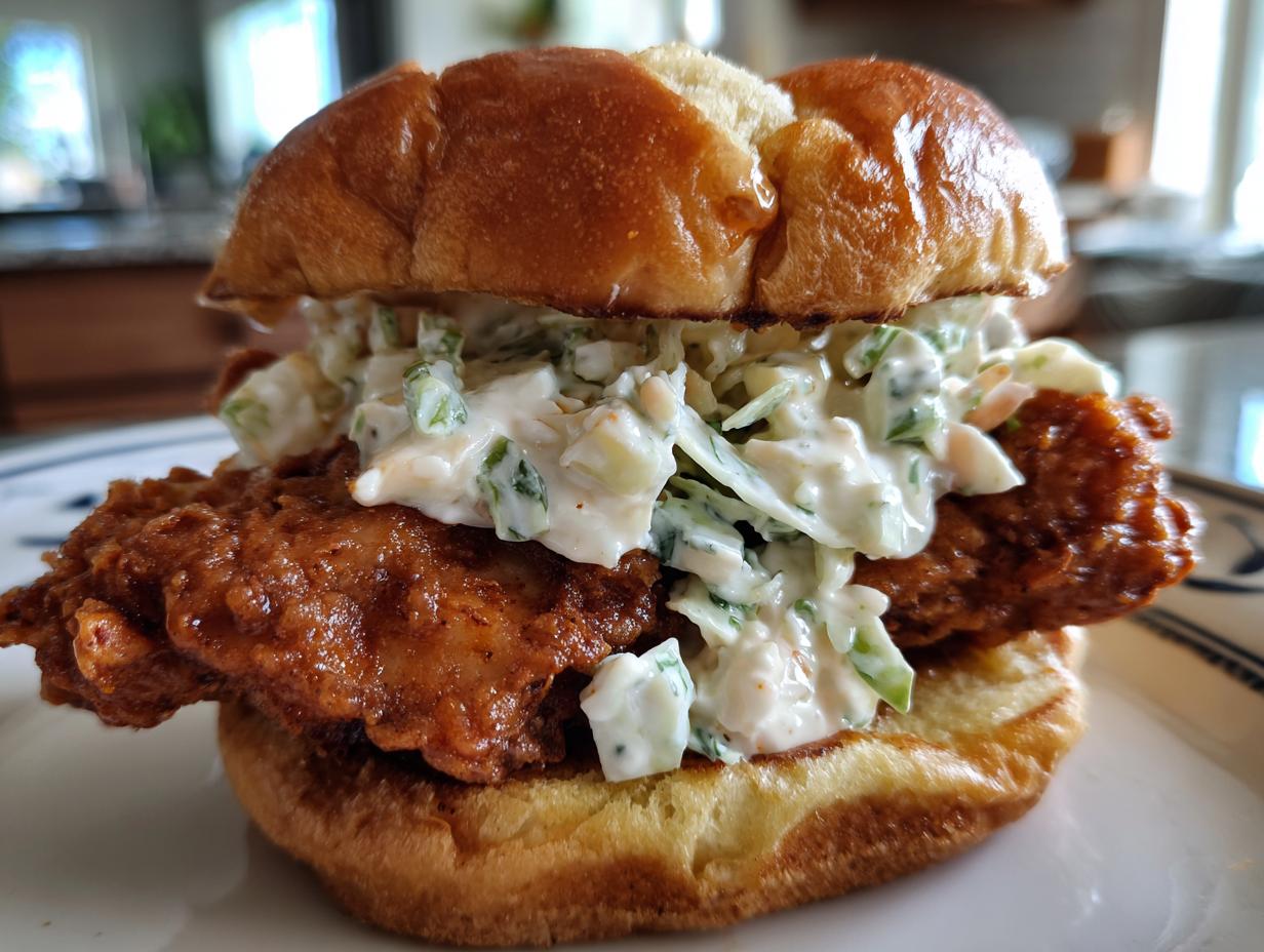 Close-up of a crispy, saucy buffalo chicken sandwich topped generously with creamy coleslaw on a brioche bun.