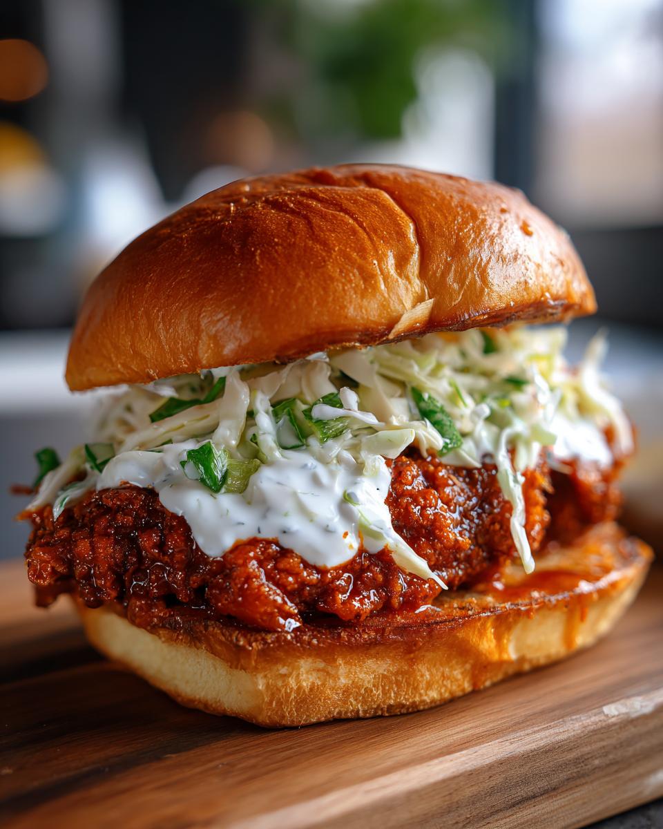 Close-up of a crispy buffalo chicken sandwich topped with creamy coleslaw on a toasted brioche bun.