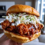 Close-up of a juicy buffalo chicken sandwich featuring crispy fried chicken, spicy sauce, and creamy coleslaw on a brioche bun.