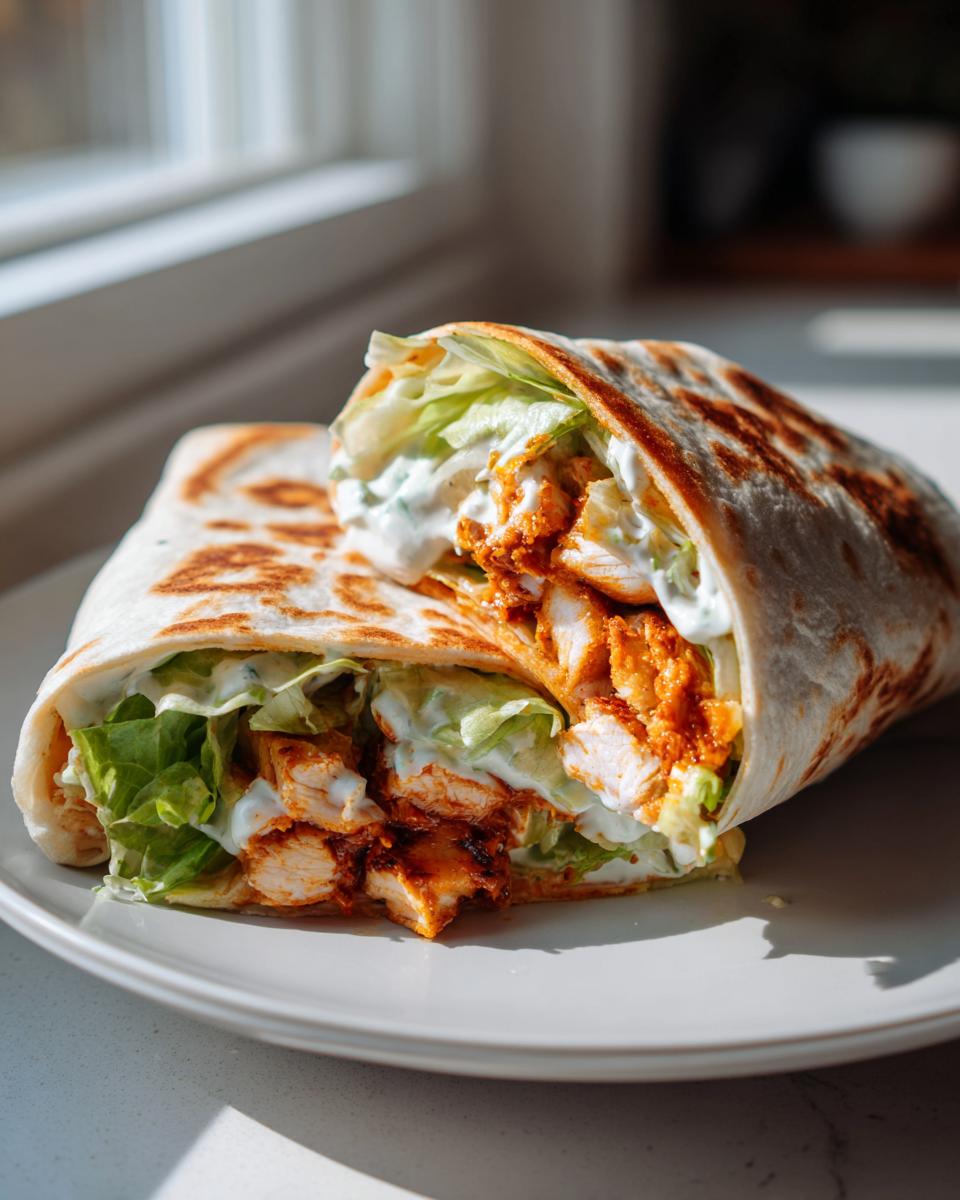 A cross-section view of two buffalo chicken wraps filled with spicy chicken, lettuce, and creamy sauce on a white plate.