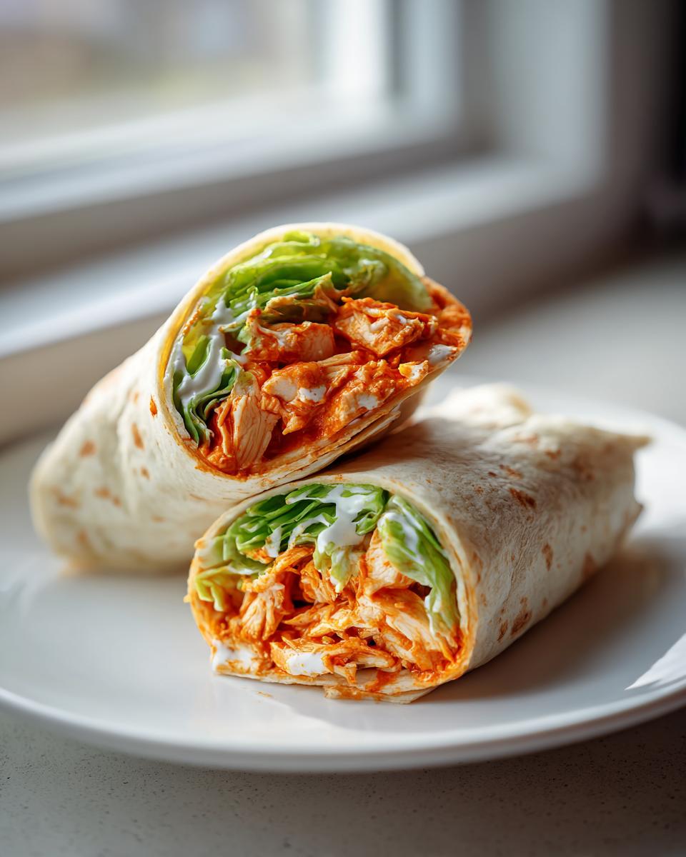 Two halves of amazing buffalo chicken wraps filled with shredded chicken, lettuce, and sauce on a white plate.