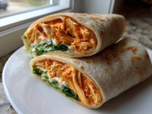 Close-up of two halves of buffalo chicken wraps stacked, showing shredded chicken in orange sauce, lettuce, and white dressing.