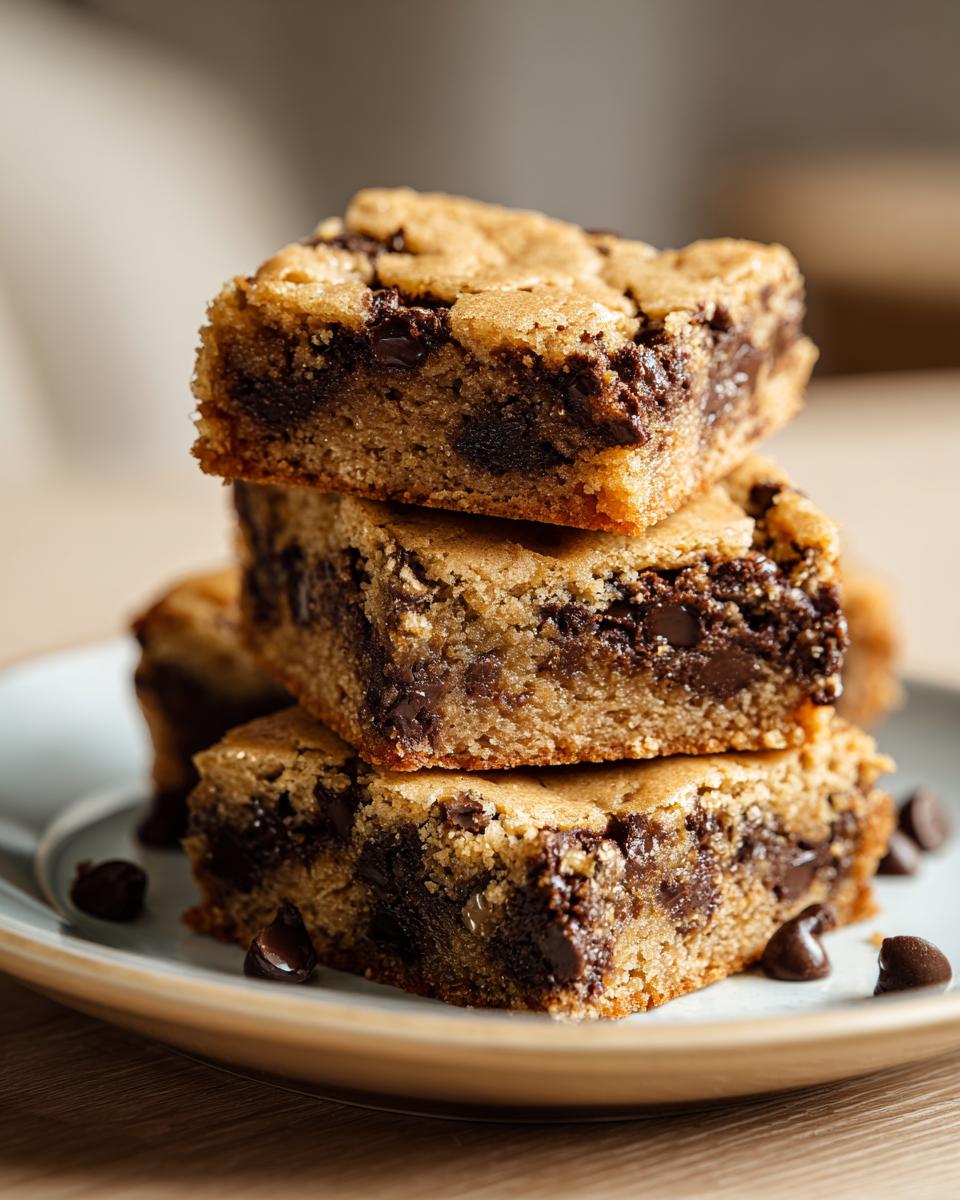 A tempting stack of three fudgy chocolate chip cake mix cookie bars on a plate.