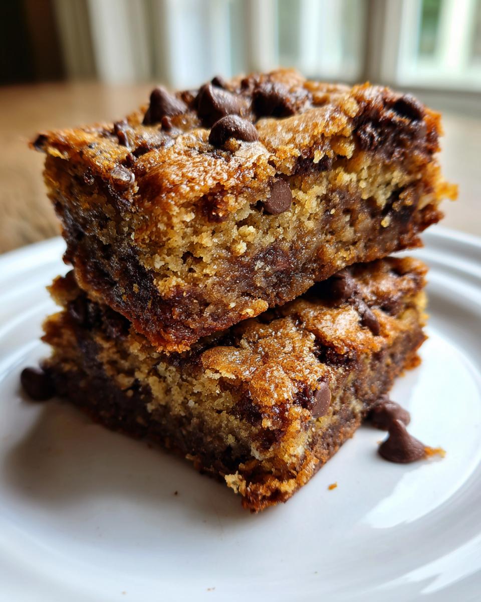 Two stacked, gooey chocolate chip cake mix cookie bars with a rich, golden-brown top.