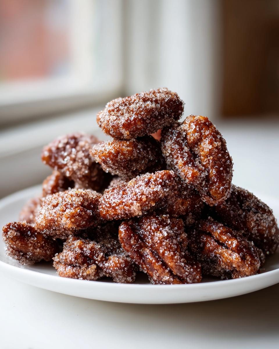 A close-up of a mound of glistening candied pecans coated heavily in sparkling sugar crystals.
