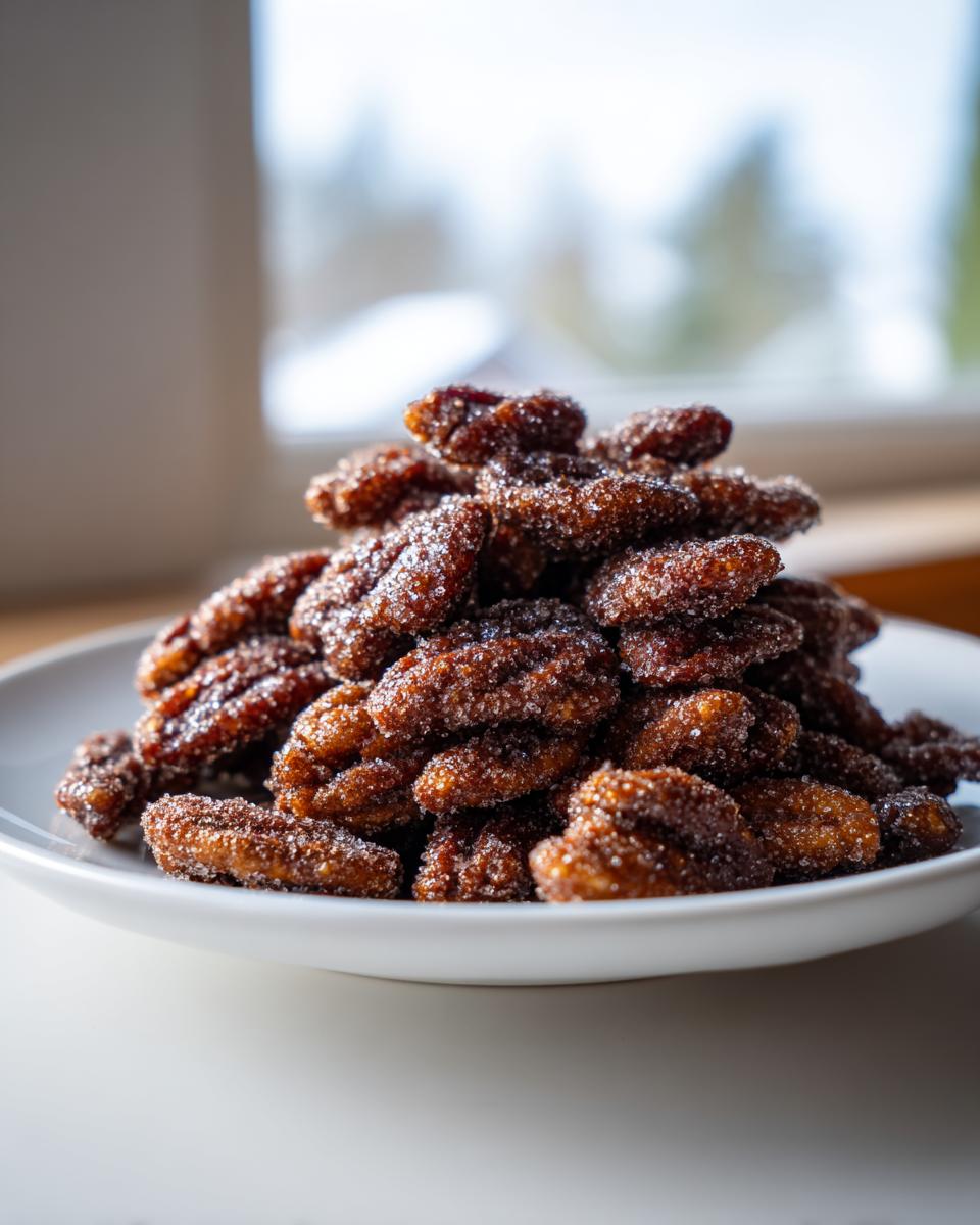 Close-up of a mound of freshly made candied pecans coated in sparkling sugar crystals.