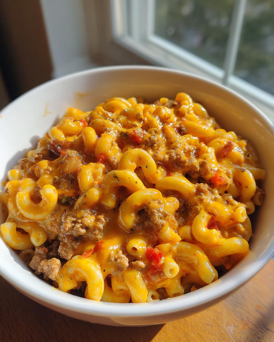 A close-up of a white bowl filled with creamy, cheesy taco pasta mixed with ground beef and diced tomatoes.