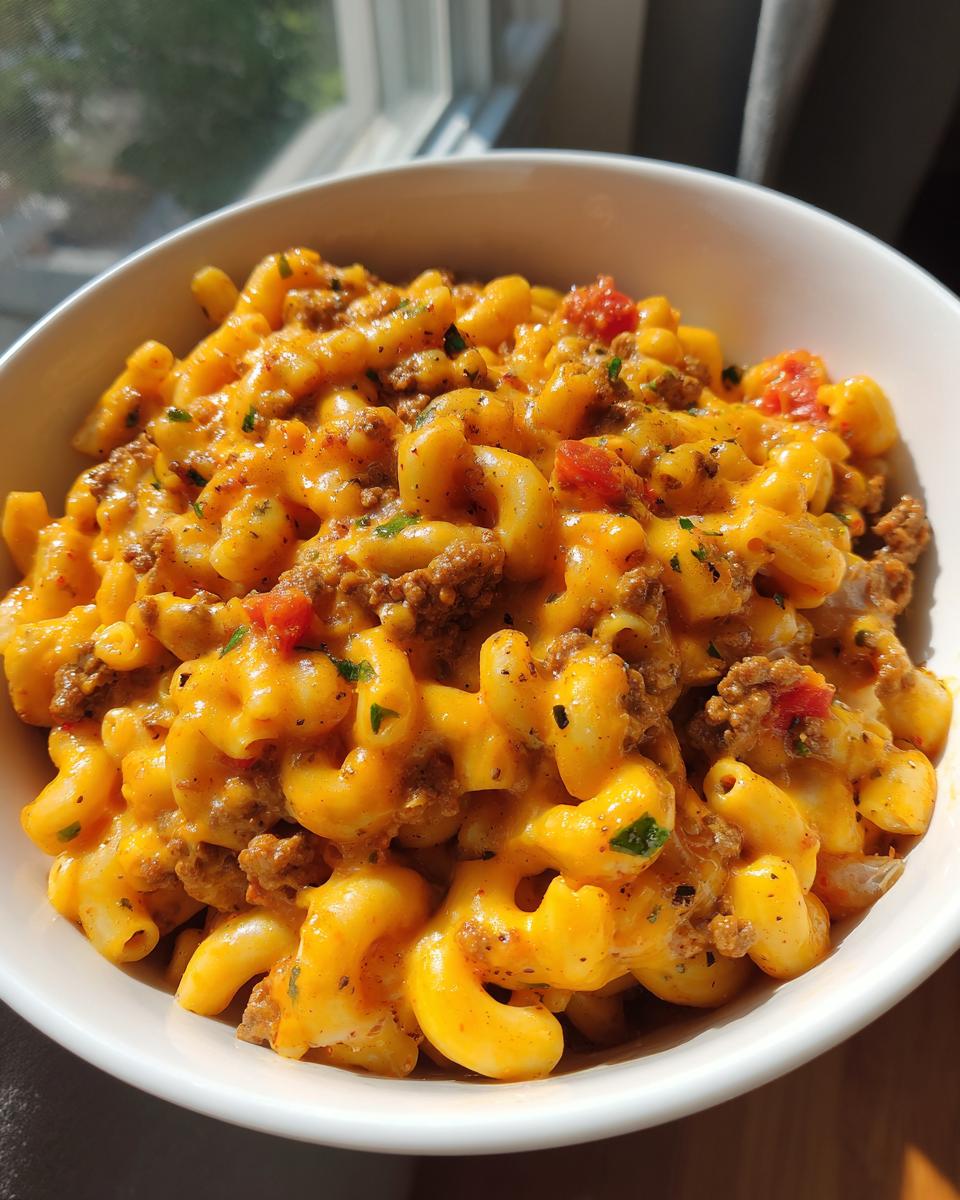 Close-up of a white bowl filled with creamy, orange cheesy taco pasta mixed with seasoned ground beef and diced tomatoes.