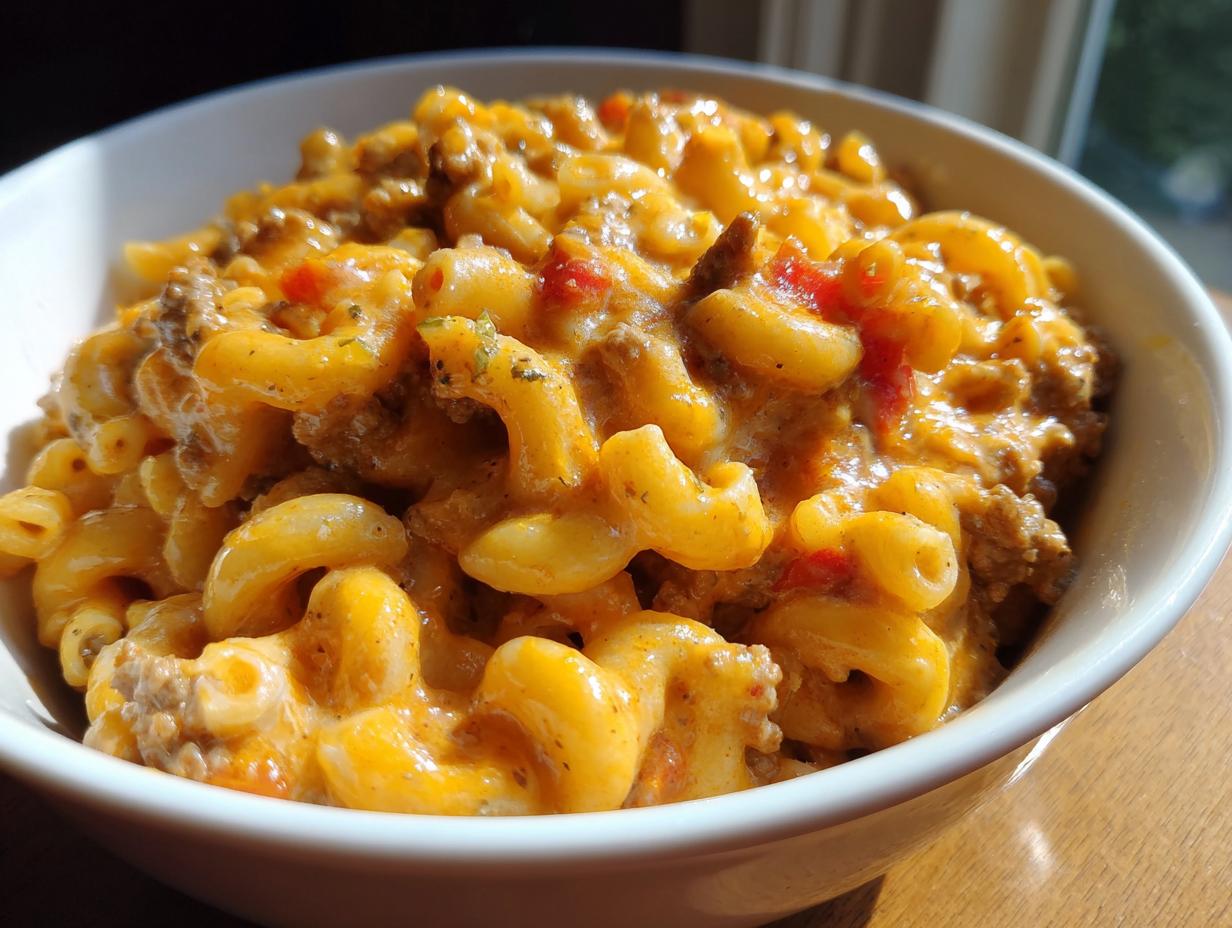 A close-up view of a bowl filled with creamy, orange cheesy taco pasta mixed with ground meat and red peppers.