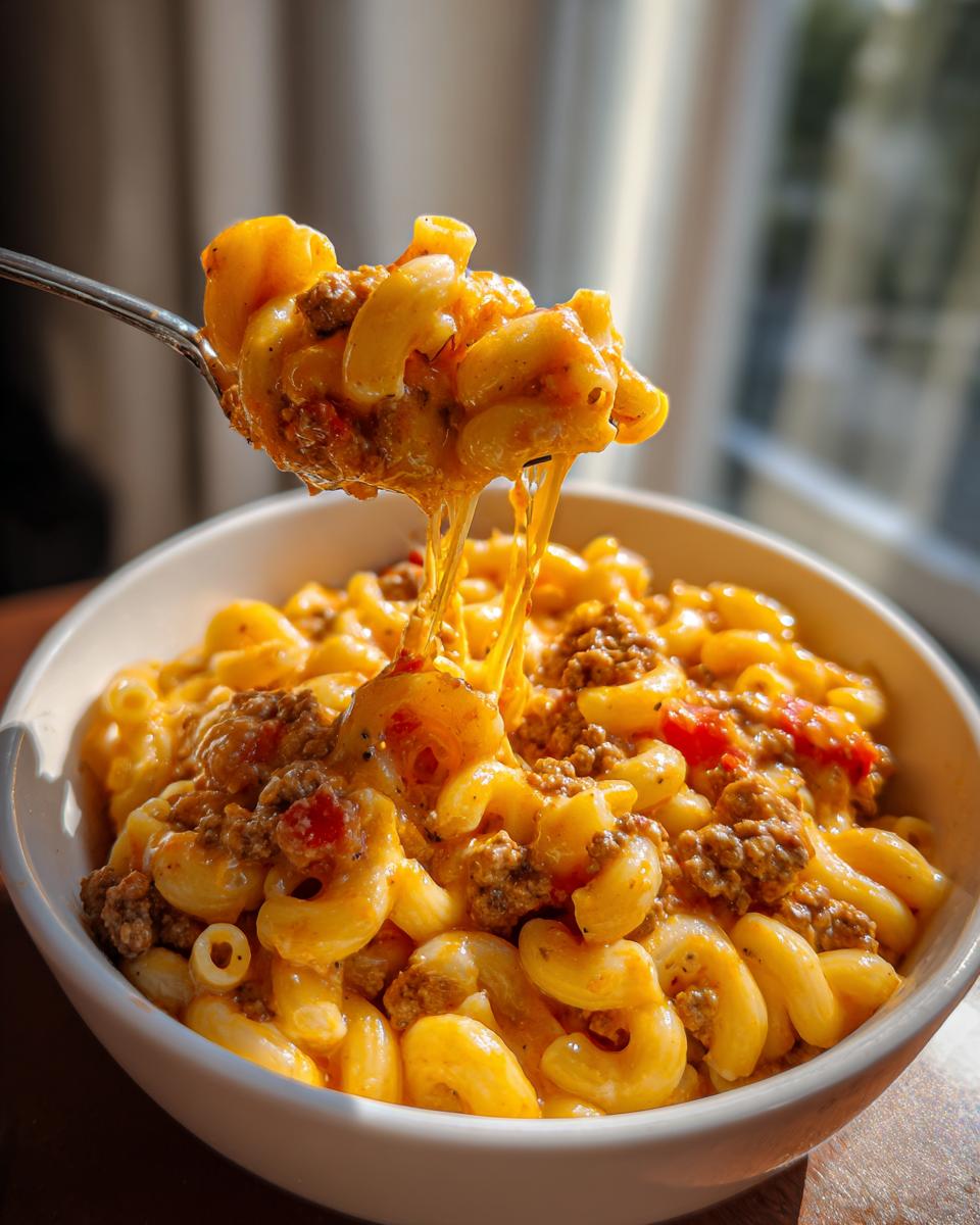 A spoonful of cheesy taco pasta is lifted from a white bowl, showing a dramatic cheese pull.