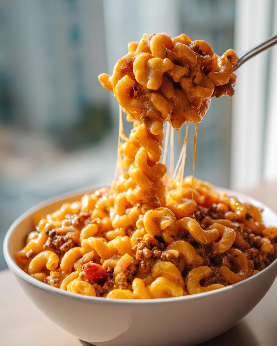 A spoonful of cheesy taco pasta being lifted from a bowl, showing long, gooey cheese strings.