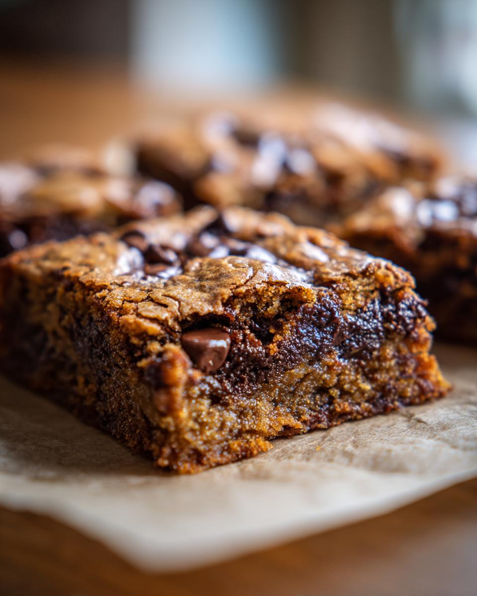 A close-up, macro shot of a rich, fudgy cake mix cookie bars slice with melted chocolate chips.