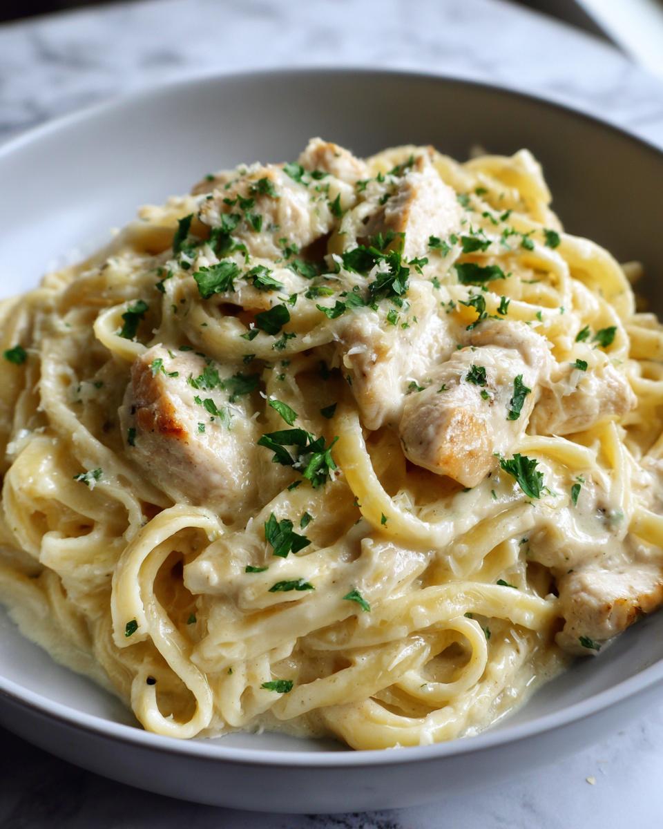 Close-up of creamy chicken fettuccine alfredo pasta topped with fresh parsley and Parmesan cheese.