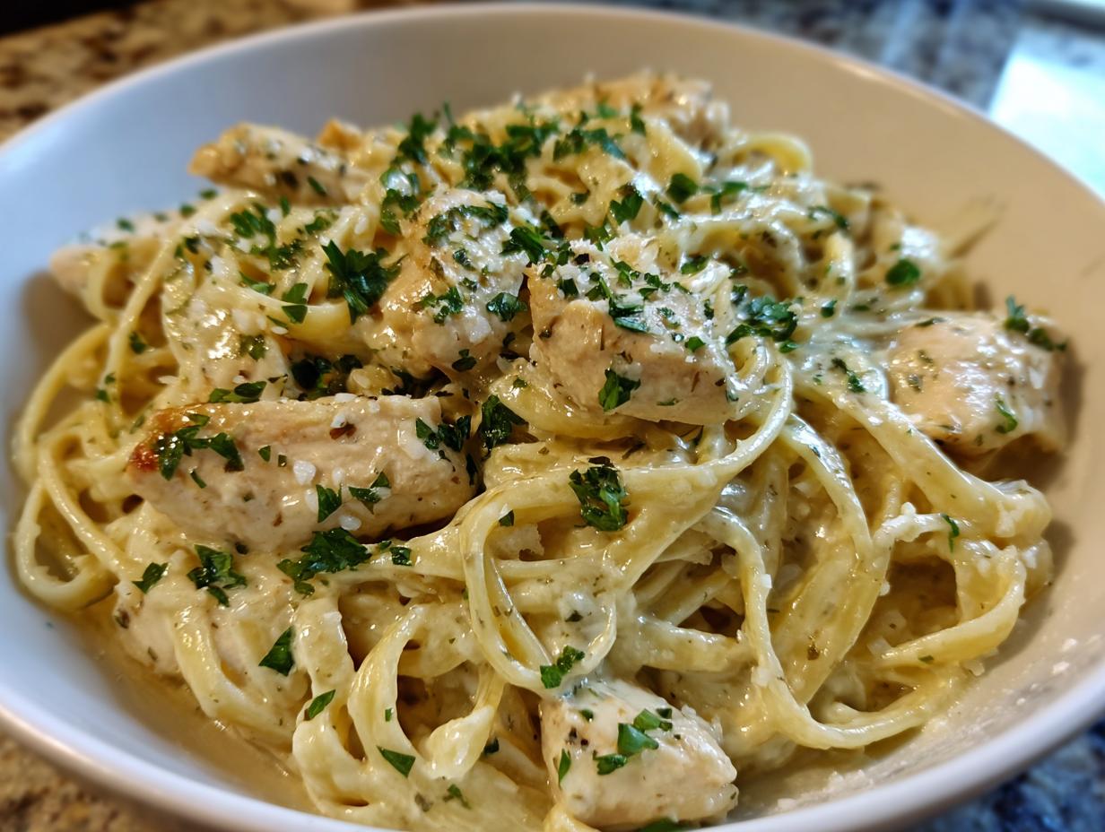 Close-up of creamy chicken fettuccine alfredo pasta topped with fresh parsley and Parmesan cheese.