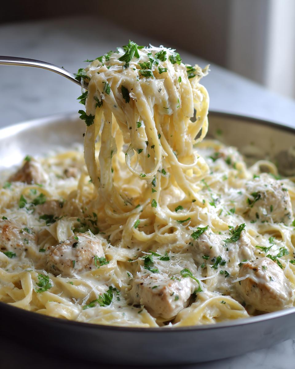 A fork lifts a generous portion of creamy chicken fettuccine alfredo pasta, topped with Parmesan and parsley.