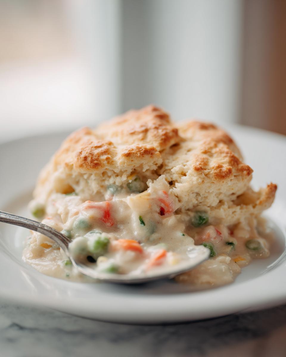 A spoonful of creamy chicken pot pie casserole filling topped with a golden biscuit.