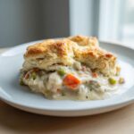 A close-up of a serving of creamy chicken pot pie casserole topped with golden biscuits.