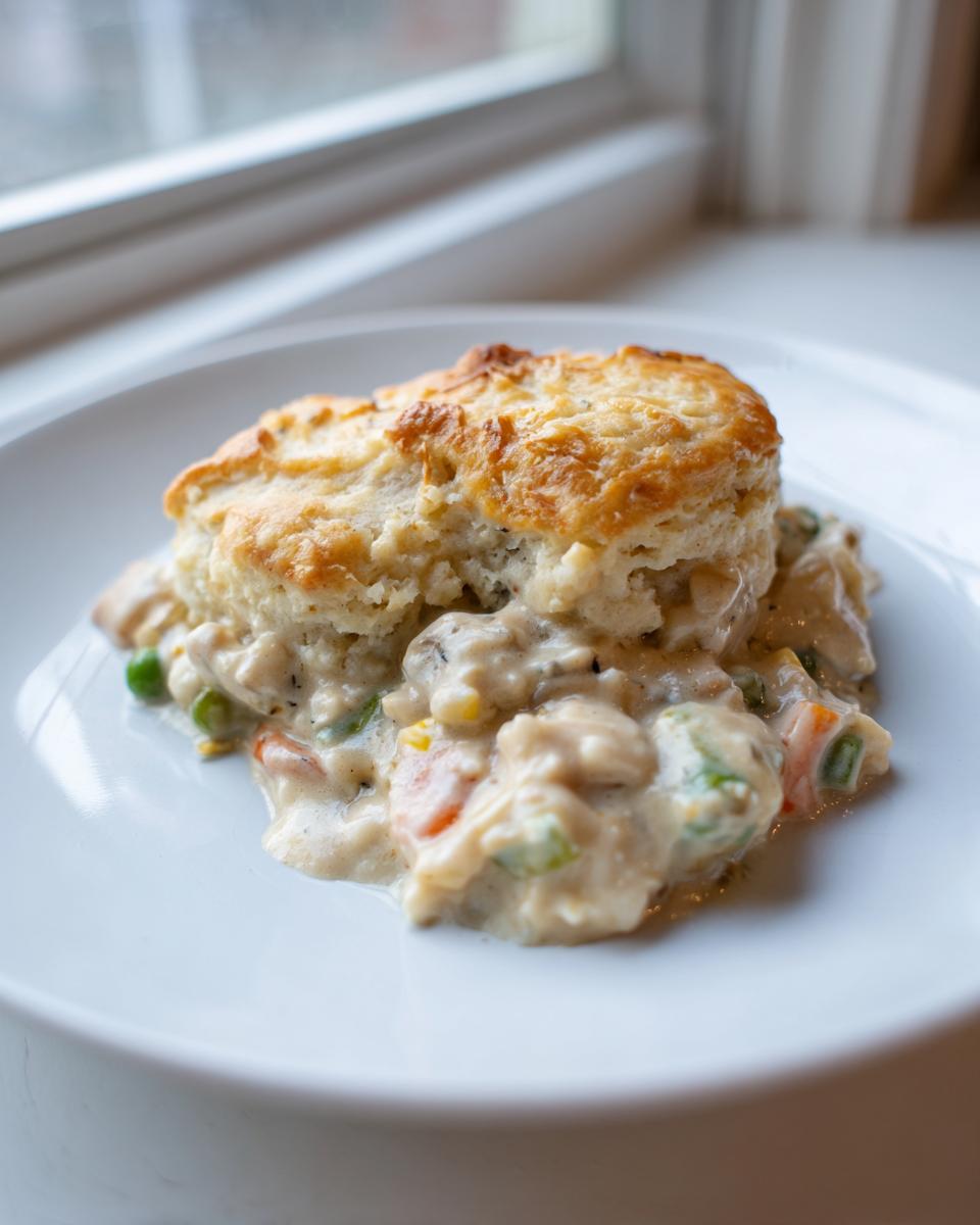 A serving of creamy chicken pot pie casserole topped with a golden biscuit on a white plate.
