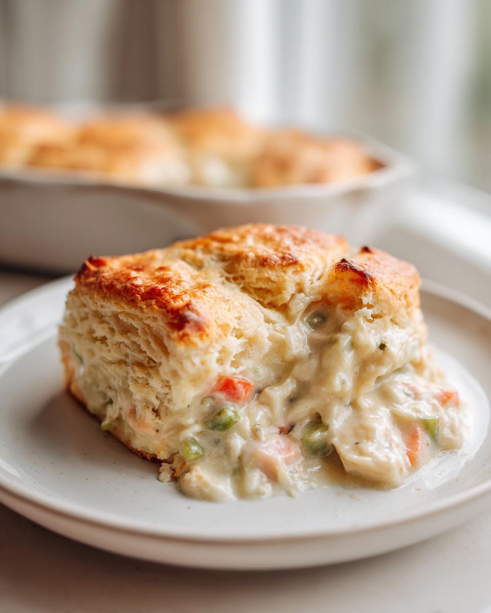 A close-up of a serving of chicken pot pie casserole topped with a flaky, golden biscuit, showing creamy filling.