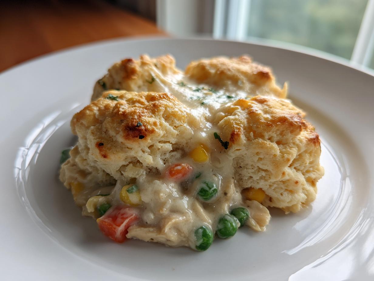 A serving of creamy chicken pot pie casserole topped with golden biscuits on a white plate.
