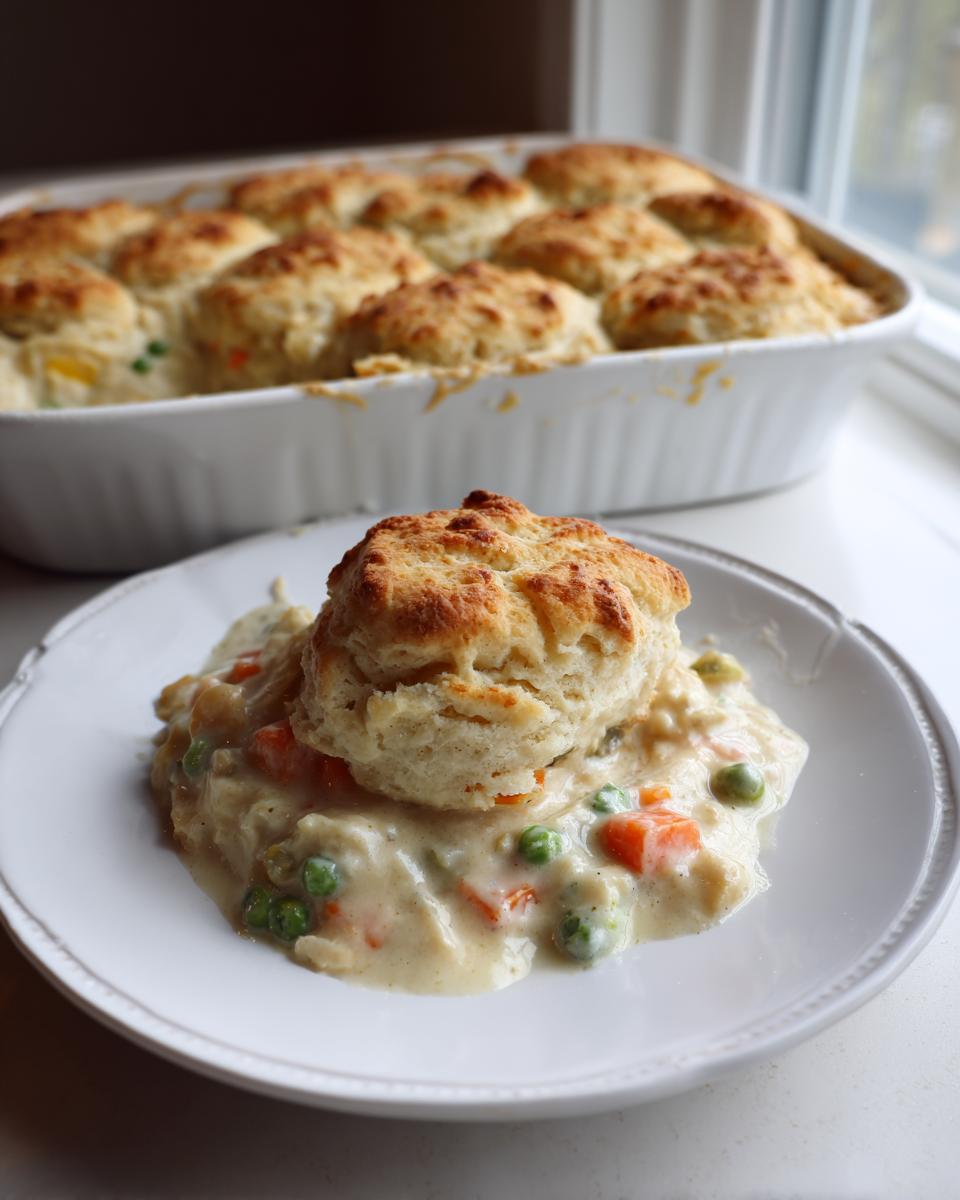 A serving of creamy chicken pot pie casserole topped with a golden biscuit on a white plate, with the full dish in the background.