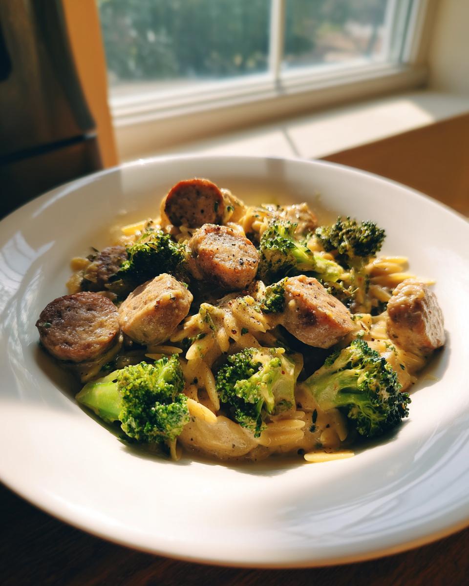 A creamy bowl of chicken sausage and broccoli orzo pasta, served in bright natural light.
