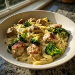A bowl of creamy chicken sausage and broccoli orzo, featuring browned sausage pieces and bright green florets.