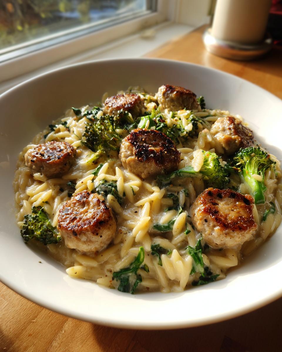 A bowl of creamy chicken sausage and broccoli orzo topped with seared sausage rounds, lit by sunlight.