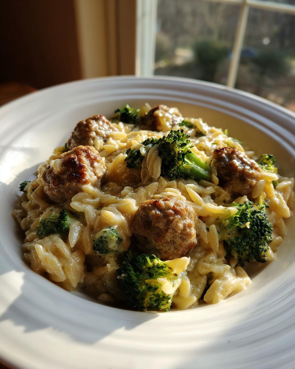 Close-up of a creamy chicken sausage and broccoli orzo served in a white bowl near a window.