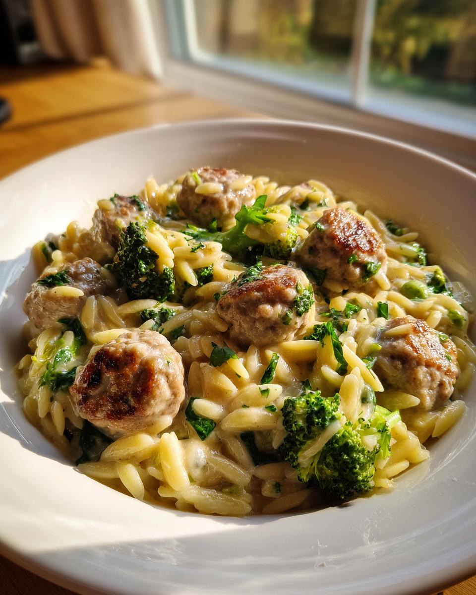 Close-up of a bowl of creamy chicken sausage and broccoli orzo garnished with fresh parsley.