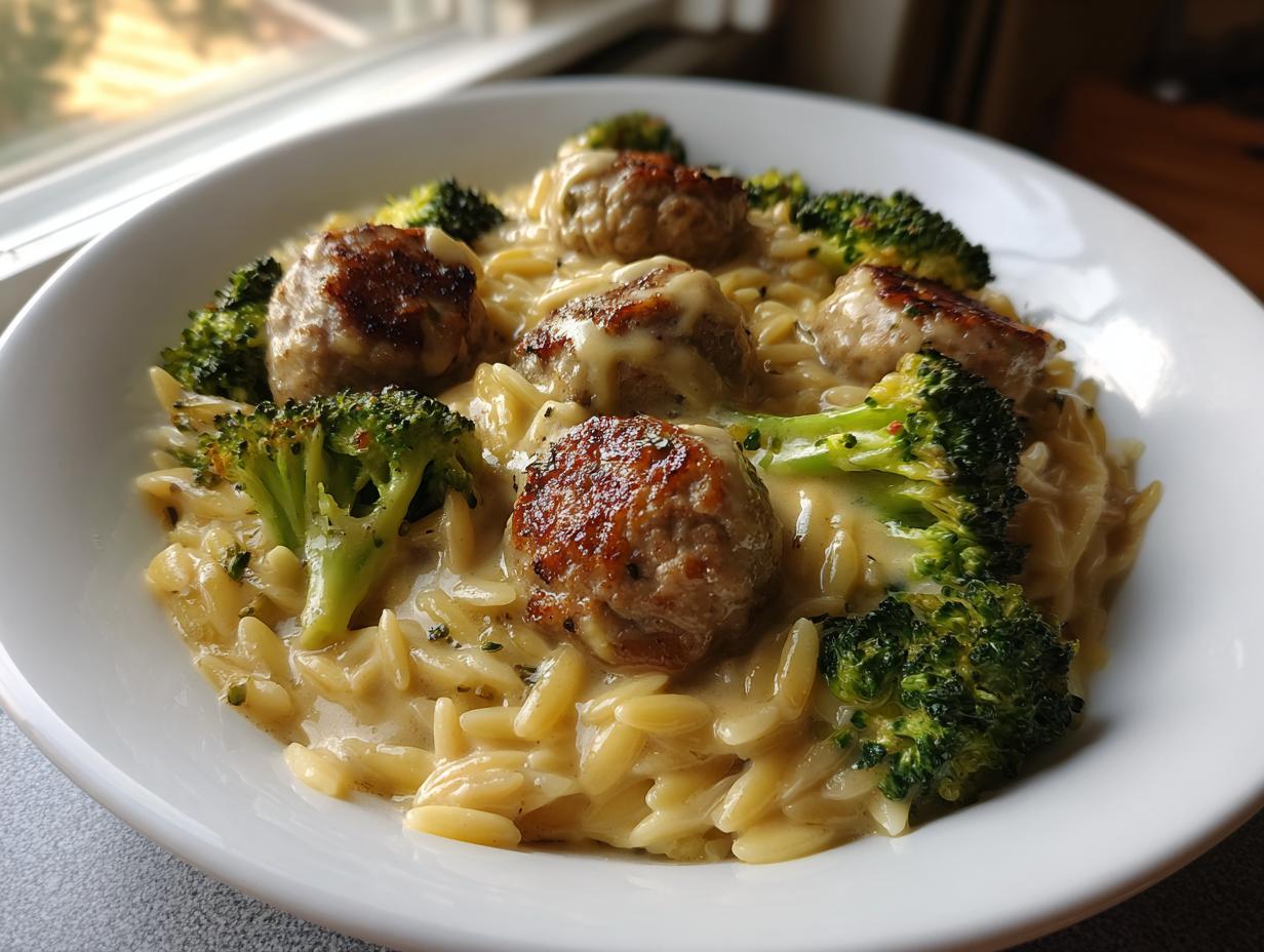 A white bowl filled with creamy chicken sausage and broccoli orzo, featuring browned sausage pieces and bright green florets.