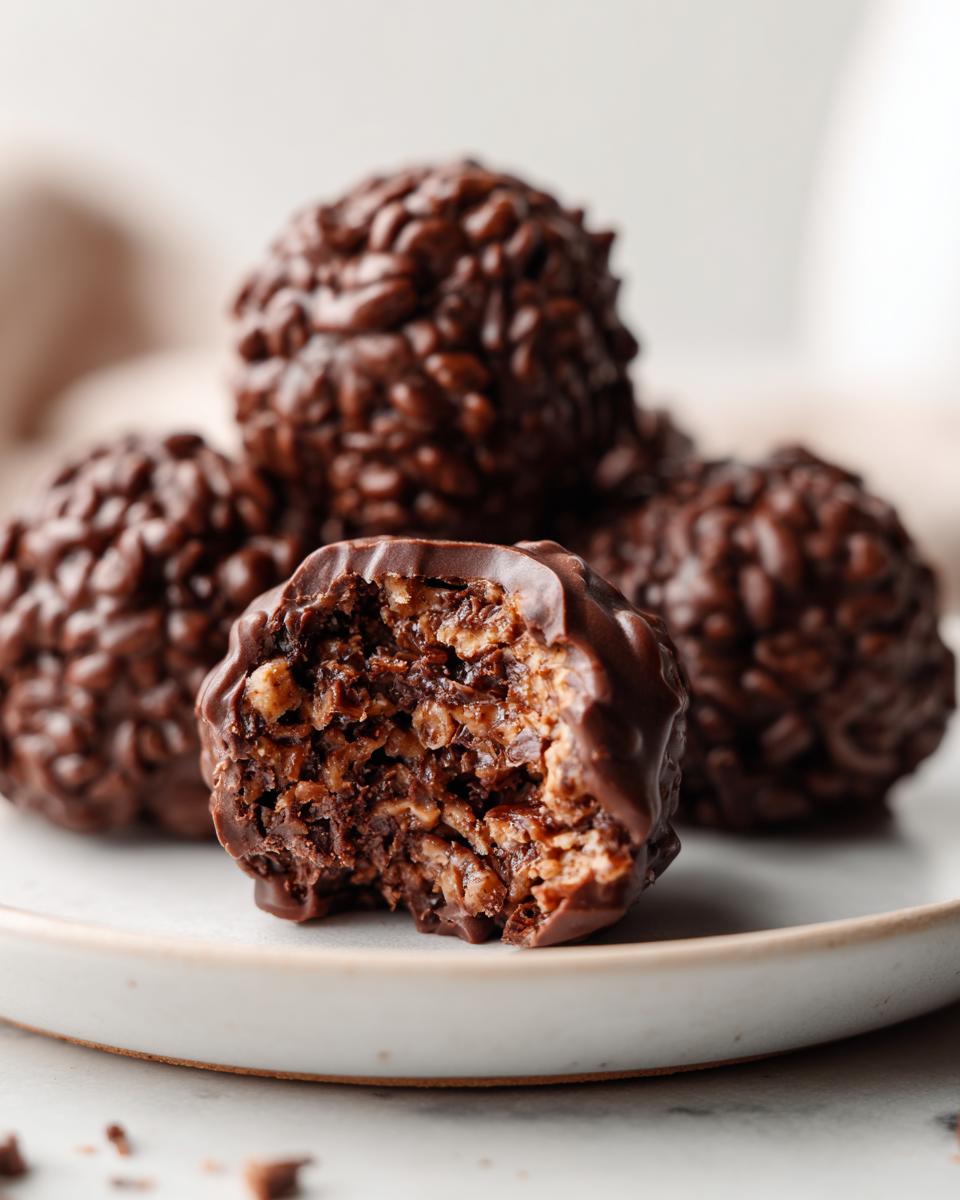 Close-up of a chocolate rice krispie balls, one of which has a bite taken out showing the crispy interior.