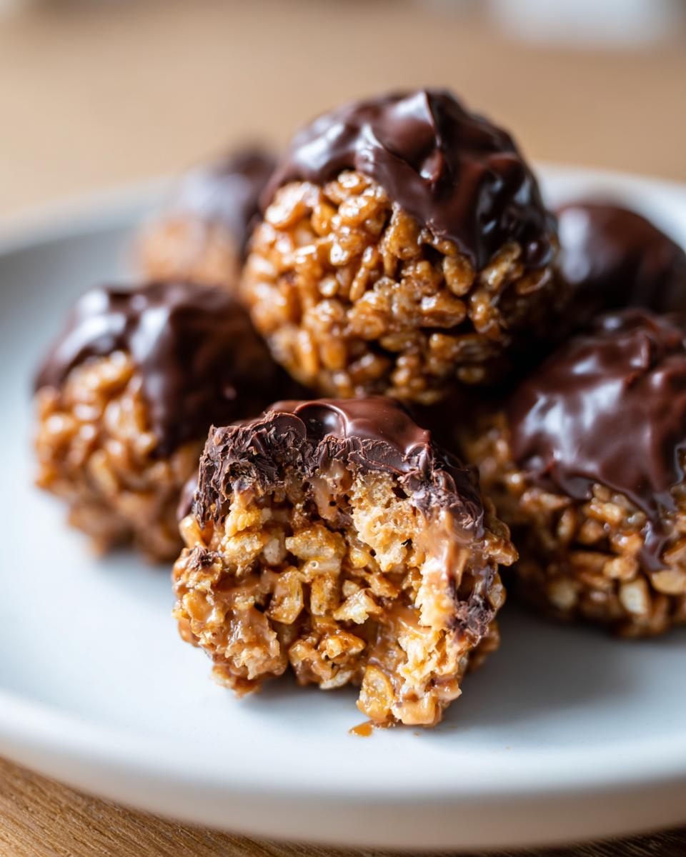 Close-up of several chocolate rice krispie balls, one with a bite taken out revealing the gooey center.