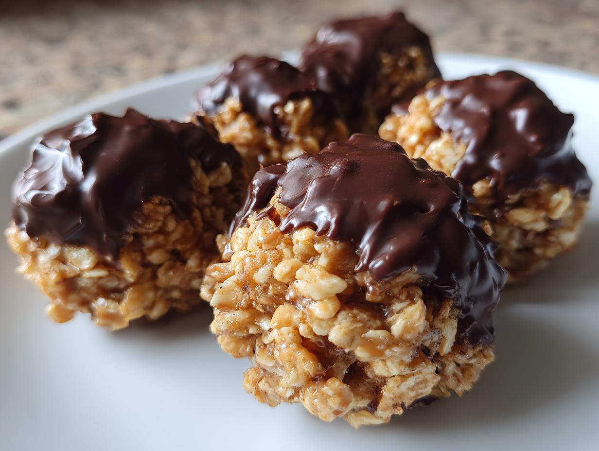 A close-up view of four homemade chocolate rice krispie balls, partially dipped in melted dark chocolate.
