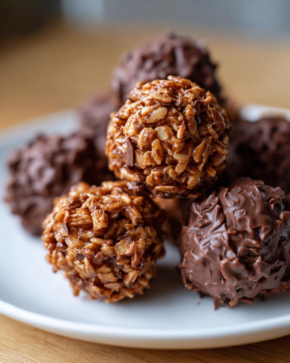 A close-up of several chocolate rice krispie balls, some coated in chocolate and others showing the crispy texture.
