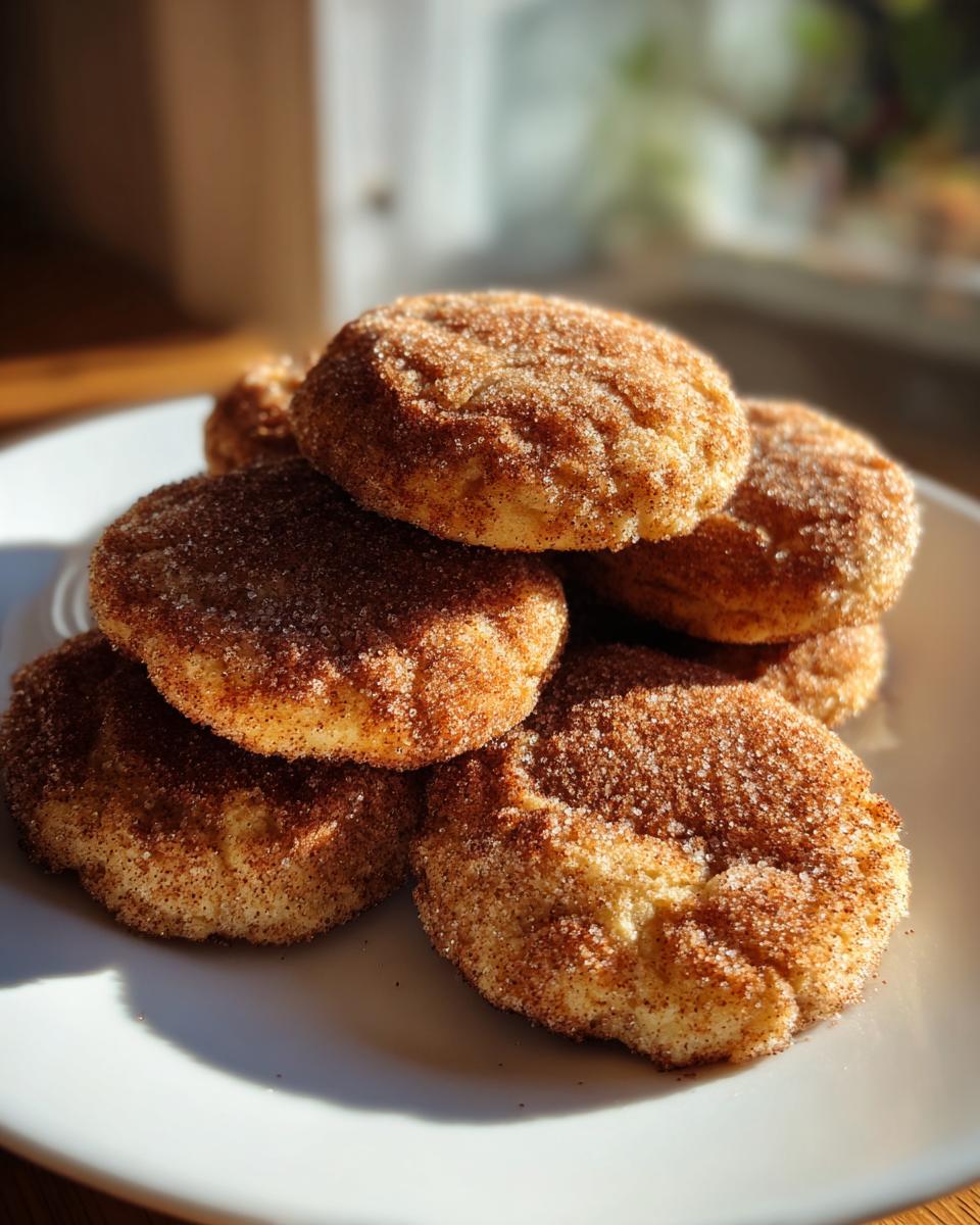 A stack of freshly baked churro cookies coated heavily in cinnamon sugar, sitting on a white plate.