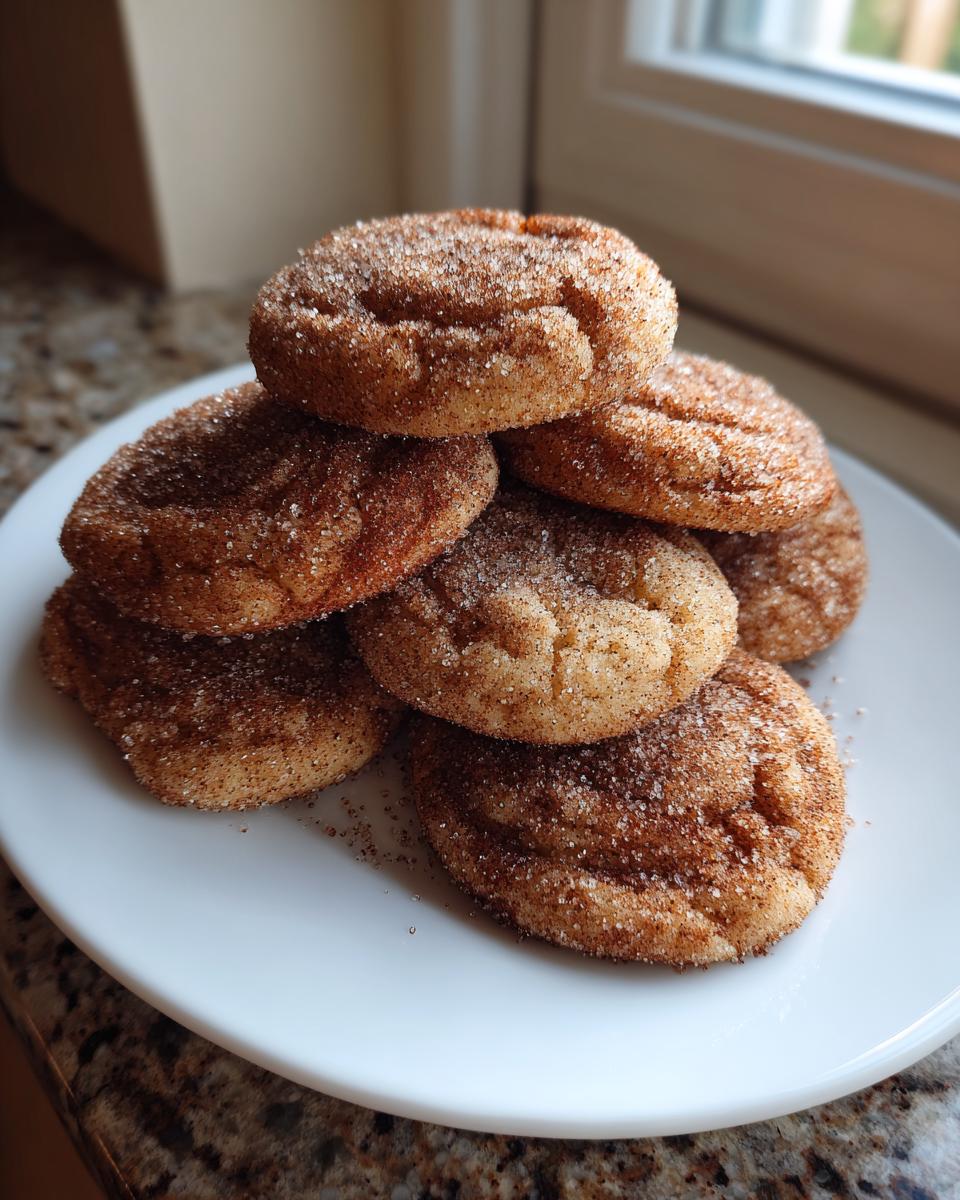 A stack of freshly baked churro cookies heavily coated in cinnamon sugar resting on a white plate.