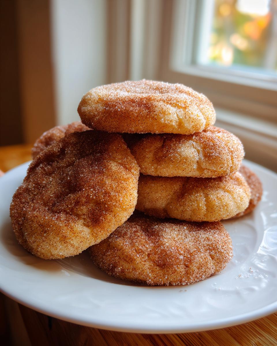 A stack of freshly baked churro cookies coated heavily in cinnamon sugar resting on a white plate.