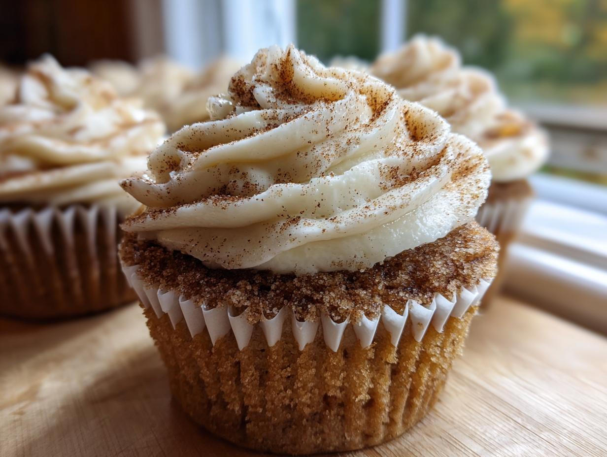 Close-up of a single, perfectly frosted churro cupcake dusted with cinnamon sugar.