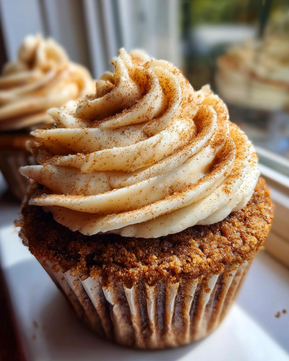 A close-up, sunlit image of a single churro cupcake topped with swirled cinnamon frosting dusted heavily with cinnamon sugar.