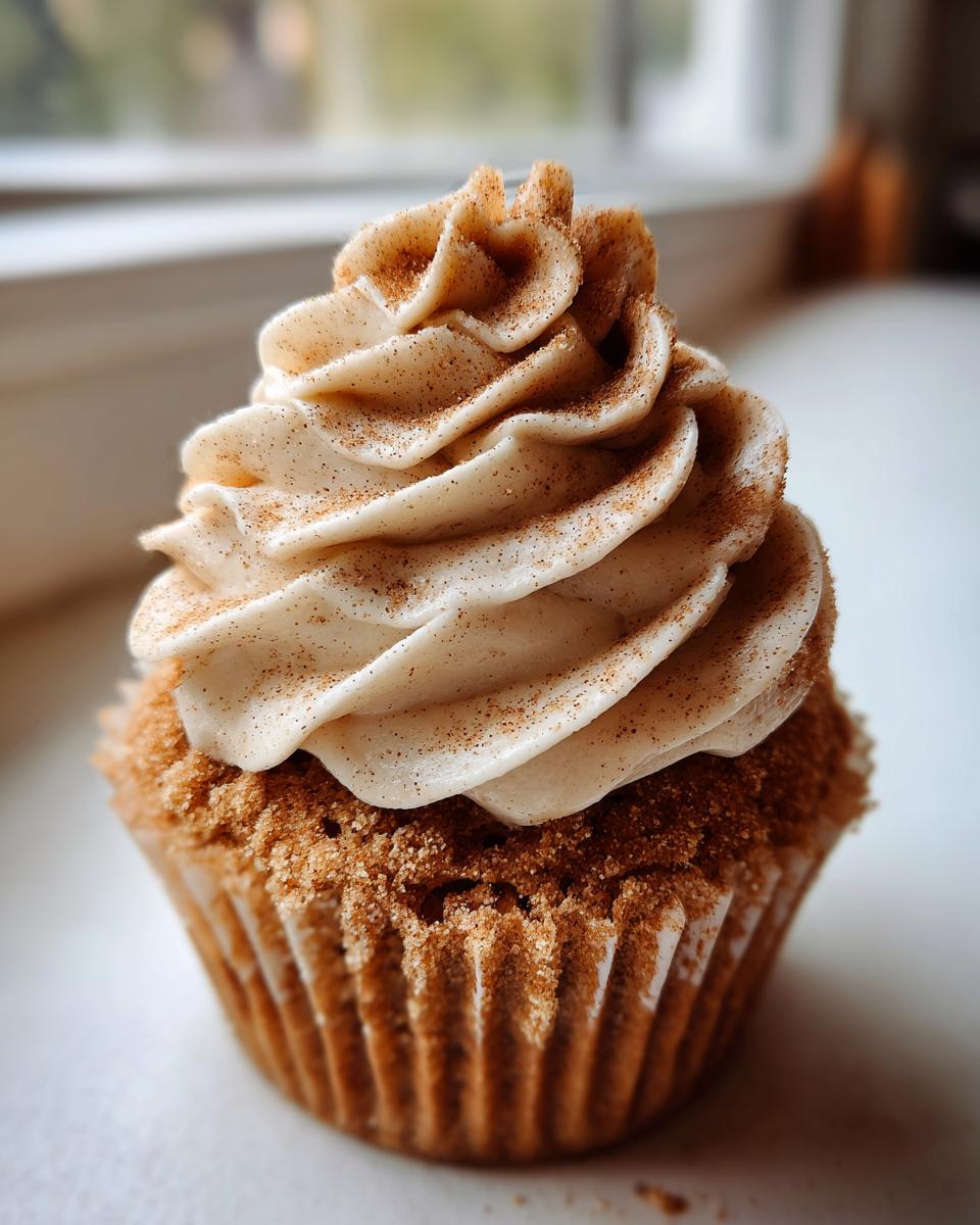 A close-up of a single, beautifully frosted churro cupcake dusted heavily with cinnamon sugar.