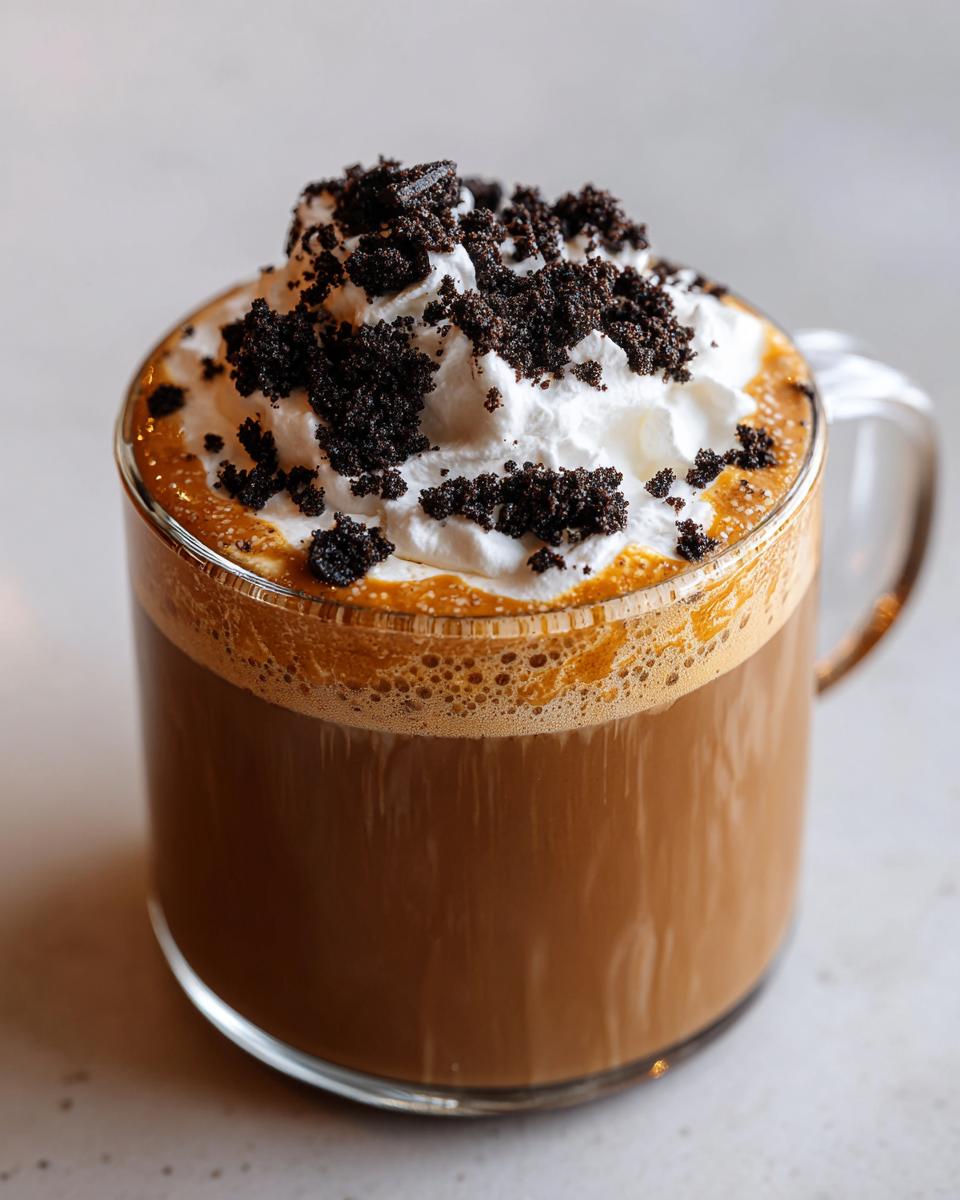 A close-up of a rich cookie butter latte topped with whipped cream and dark cookie crumbles.