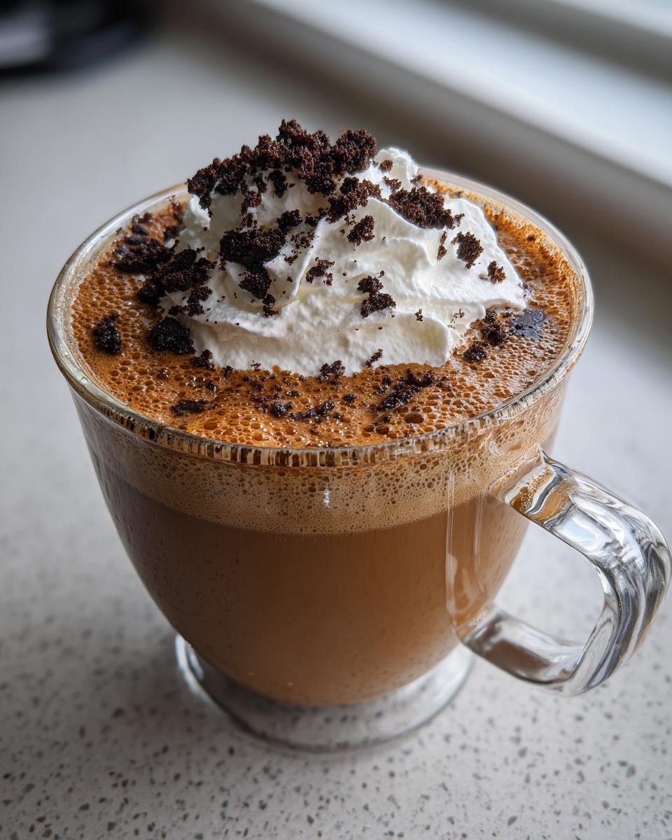 A clear glass mug filled with a frothy cookie butter latte, topped with whipped cream and cookie crumbs.