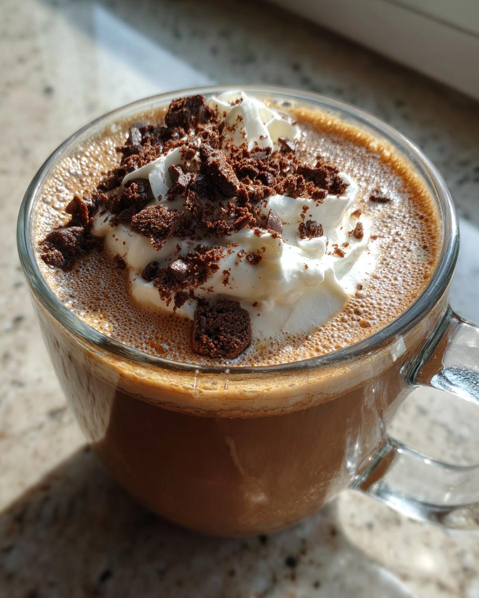 Close-up of a rich cookie butter latte topped with whipped cream and dark cookie crumbles.