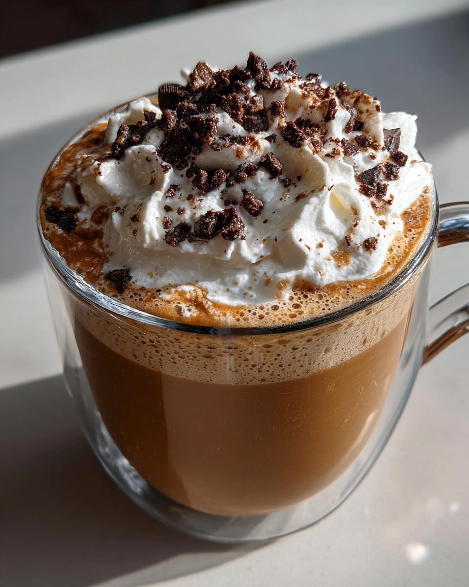 Close-up of a creamy cookie butter latte in a clear mug, topped with whipped cream and cookie crumbles.