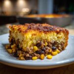 A generous slice of cowboy cornbread casserole showing a thick cornbread top layer over a savory filling of ground beef, corn, and black beans.