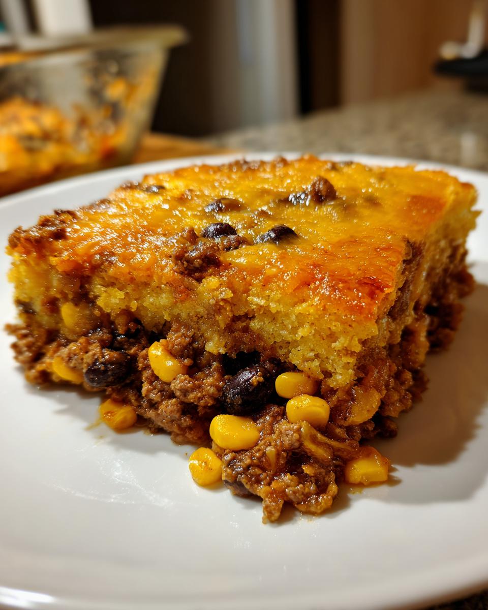 A thick slice of Cowboy Cornbread Casserole showing a golden cornbread top over a savory filling of ground meat, corn, and black beans.