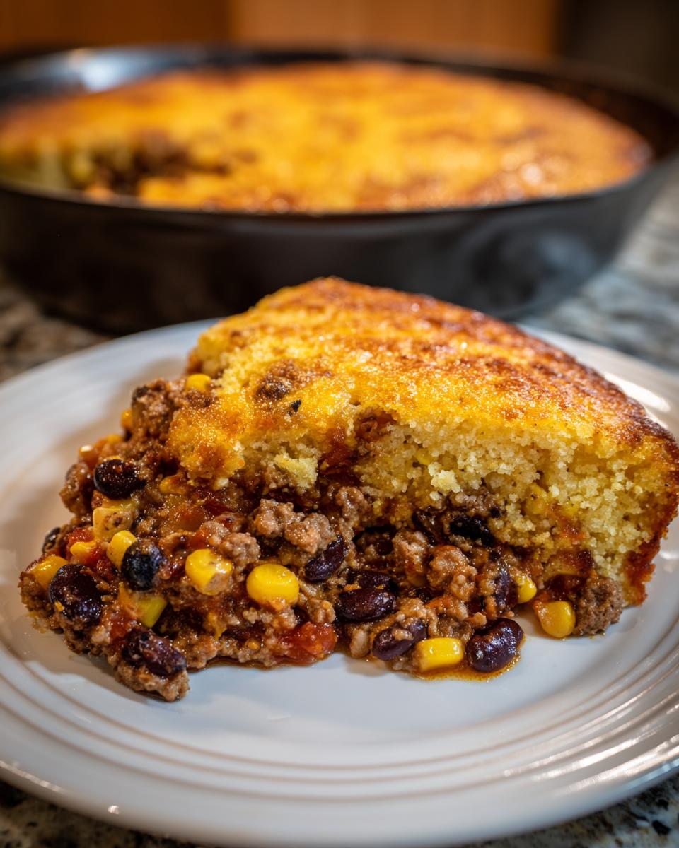 A slice of cowboy cornbread casserole showing the savory meat, bean, and corn filling beneath the golden cornbread top.