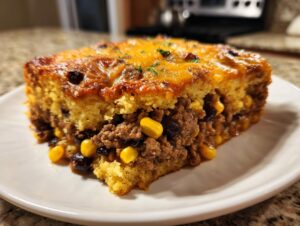 A thick slice of cowboy cornbread casserole showing layers of seasoned ground beef, corn, black beans, and a cheesy topping.